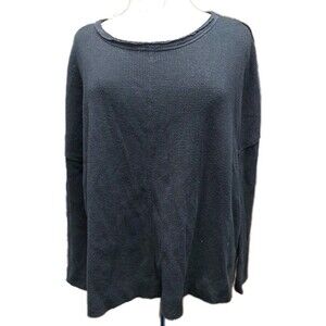 Anthropologie Thermal Waffle Knit Top Women's Sz S Black Boxy Oversized Raw Edge
